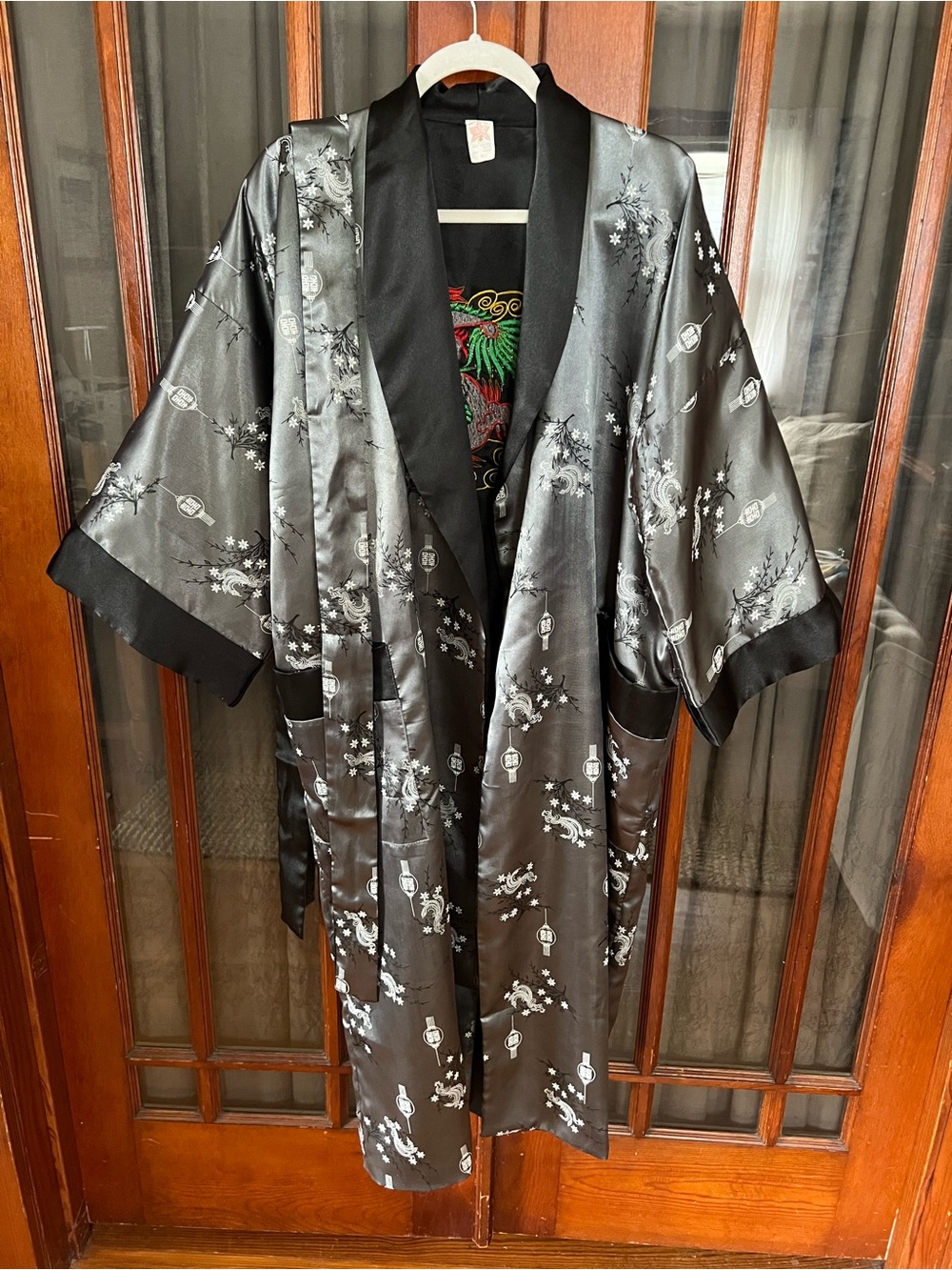 Silky Black Floral Kimono Robe with Dragon Satin Trim Reversible